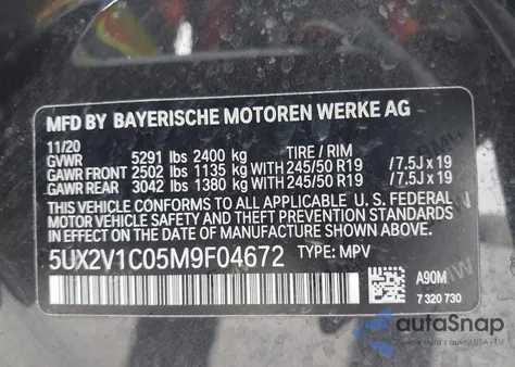 2021 BMW X4 xDrive30I z USA, uszkodzony, nr VIN 5UX2V1C05M9F04672
